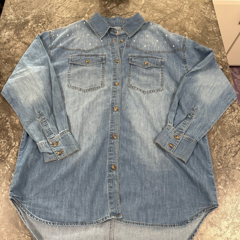 Sofia Jeans Oversized Boyfriend Studded Denim Shirt Women M 8-10 Lagenlook